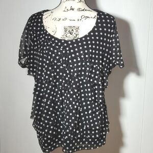 212 Collection ~ Black/White Polka Dot FLIRTY Ruffles Top Mod Short-sleeve .1X